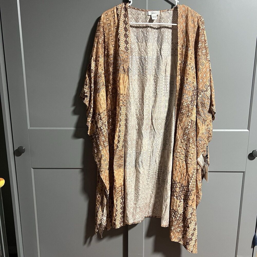 NWT Japna Women Open Front Geometric Kimono Cardigan Midi Brown One Size Boho